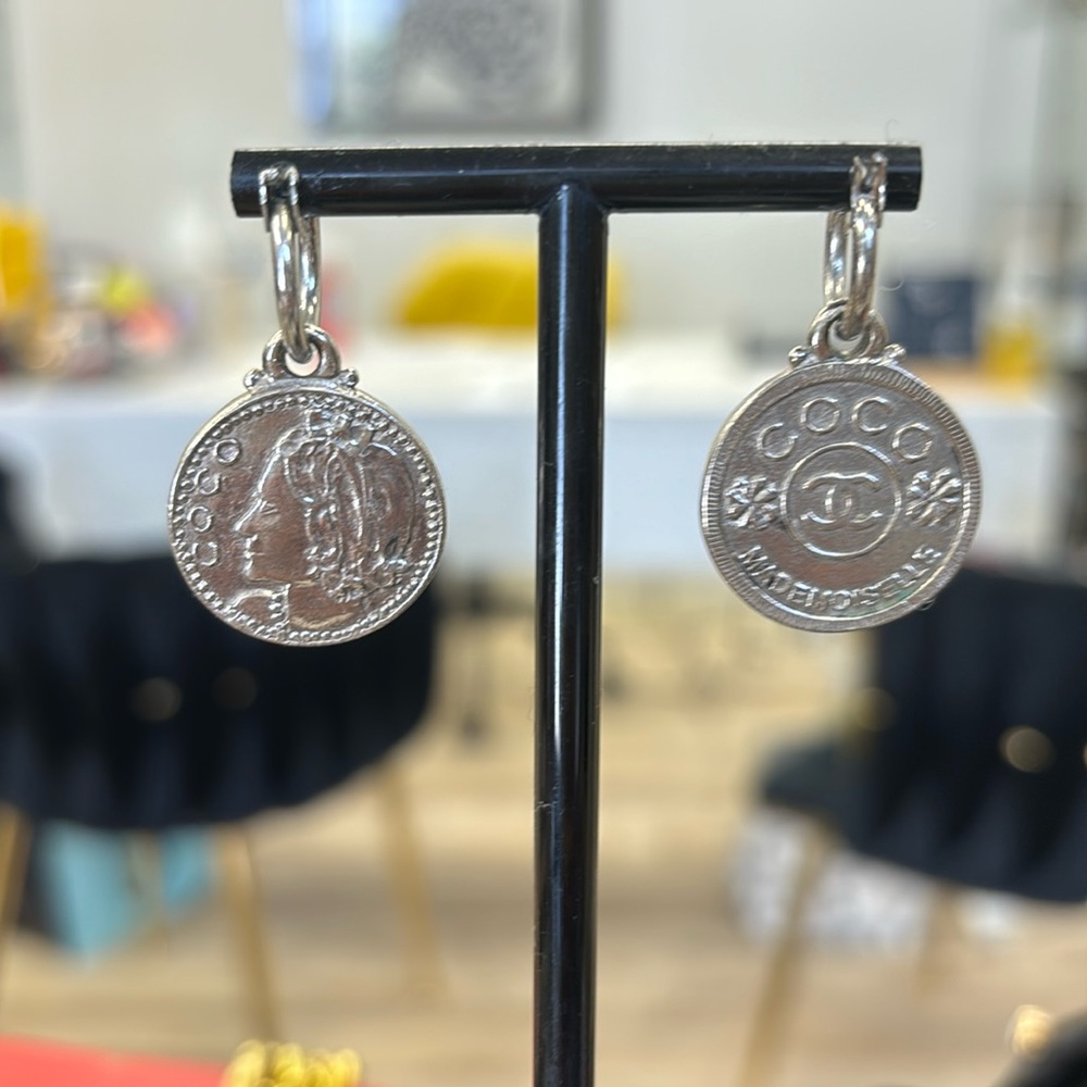 Silver Coco Chanel Mademoiselle coin earrings